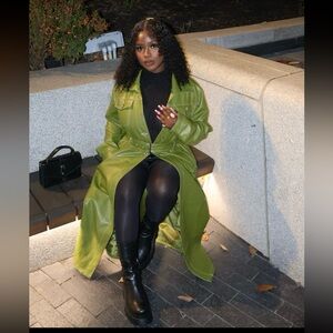 Fall 🍂 Olive Faux Leather Contrast Stitch Split Hem Trench Coat